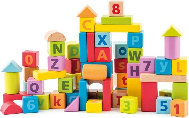 Produktbild Woody Holzblöcke mit Alphabet und Zahlen in Pastellfarben, 60 Stück