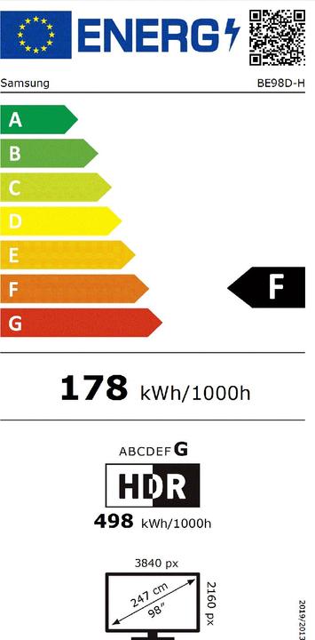 Energie-Label Samsung Business TV BE85D 98" 16/7 250 cd/m (3840 x 2160 Pixel, 98")