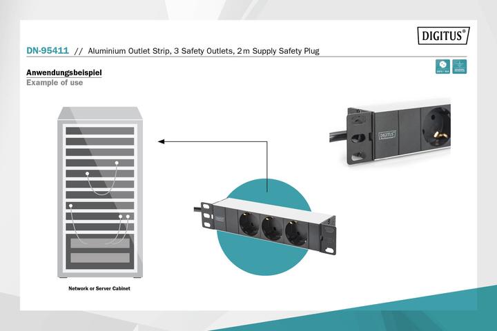 Actual product image Digitus Socket strip 3-fold 25.4cm 10 inch black incl. installation bracket (3 x, CEE 7/3, 2 m)