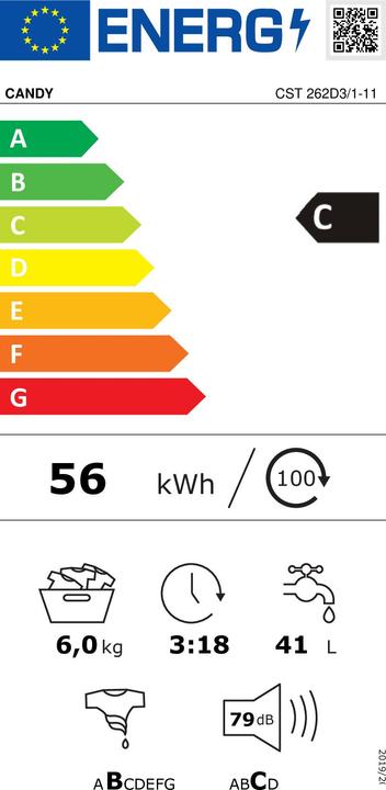Energie-Label Candy Smart CST 262DE1-11 Toplader-Waschmaschine 6 kg 1200 U/min Weiss (6 kg, Unten)