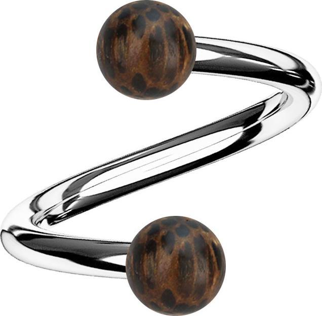 Actual product image Star Piercing Silver spiral with two palm wood balls (Surgical steel 316L, without brass, Organic)