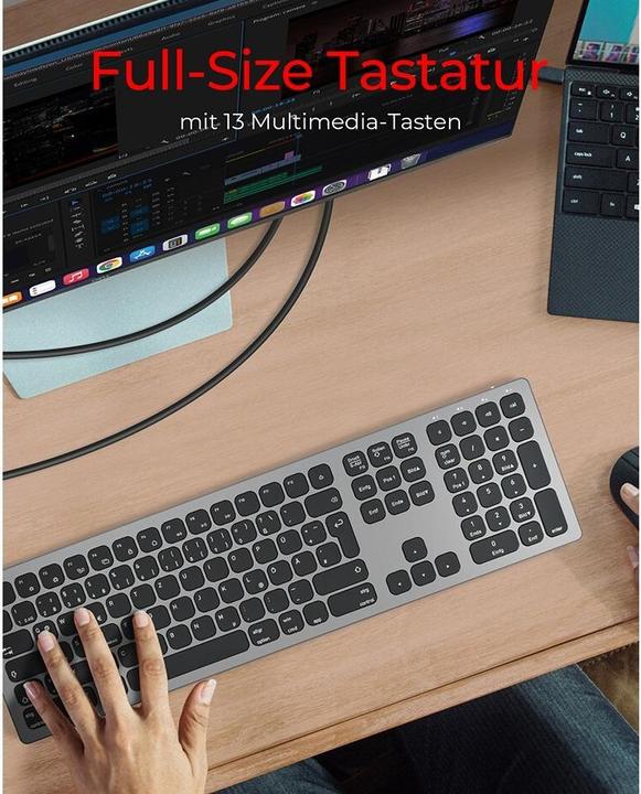 Produktbild KeySonic Full-Size Aluminium Tastatur, Bluetooth® & RF, für Win & macOS (DE, Kabellos)