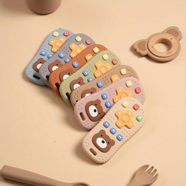 Actual product image Activity Board Cute bear silicone baby teether, colourful silicone baby teething toy, TV remote control shape