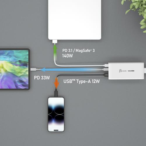 Actual product image j5Create JUP37185W 185W GaN PD 3.1 USB-C® 3-Port Charger-UK, Black, Indoor, AC, 20 V, White (185 W)