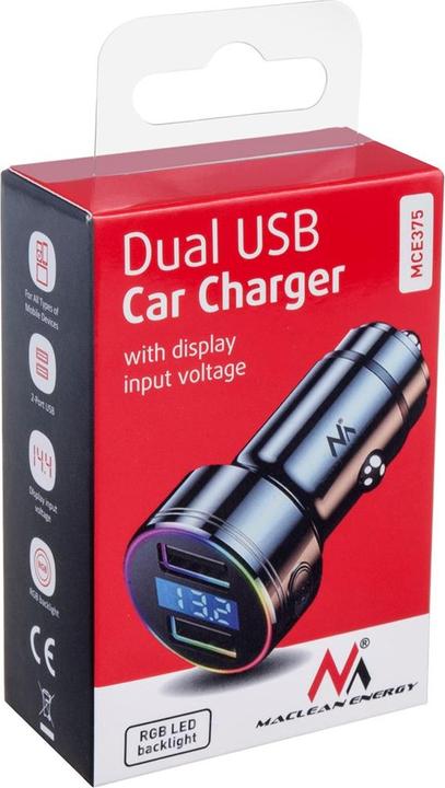 Produktbild Maclean MCE375 duales Autoladegerät mit Display Zigarettenanzünder Aluminium Voltmeter USB 1 x QC 3.0, USB 1