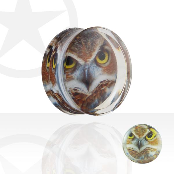 Produktbild Star Piercing Flared Plug transparent mit Eule (ohne Messing, Chirurgenstahl 316L)