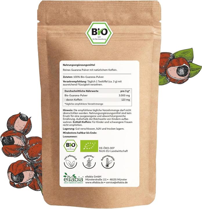 Image du produit Eltabia Poudre de guarana bio du Brésil | Caféine naturelle en qualité crudité premium pour remplacer le (Poudre, 200 g)