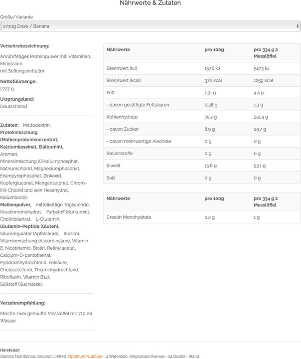 Nährwerte und Zutaten Optimum Nutrition Serious Mass (Banane, 1 Stk., 2722 g)