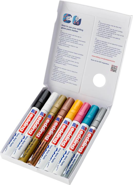 Produktbild Edding Glanzlackmarker (Gelb, Golden, Silbern, Hellblau, Rosa, Weiss, Schwarz, Kupfer, 4 mm, 8 x)