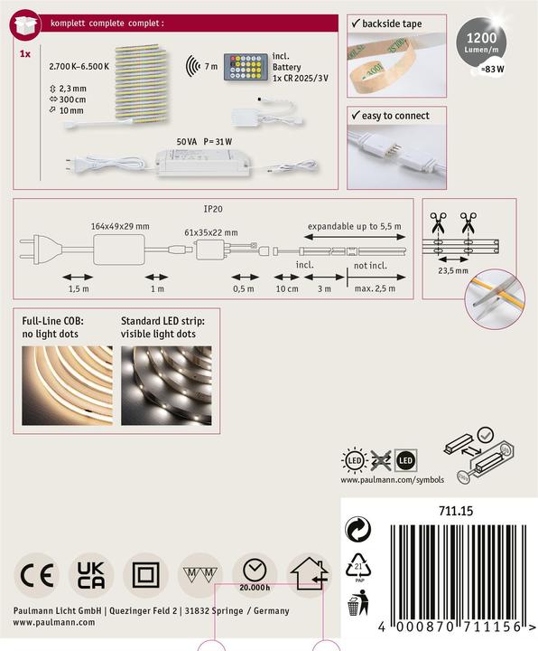 Immagine prodotto Paulmann MaxLED 1000 Set di strisce COB a linea intera (Bianco, 300 cm, Interno)