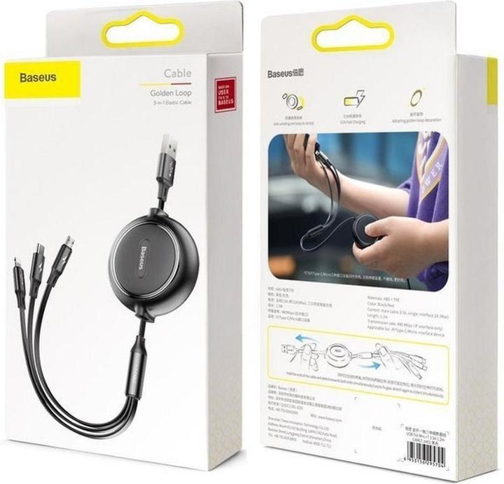Productafbeelding Baseus Golden Loop Drie-in-één Elastische Datakabel USB voor M+L+T 3,5A 1,2m Zwart (1.20 m, USB 3.2 Gen 1)