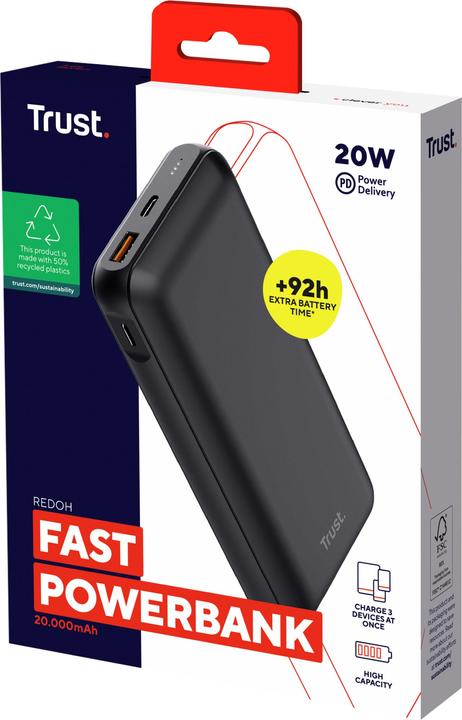 Image du produit Trust Redoh - Banque d'alimentation - 20 000 mAh - USB A/USB C - Quick Charge - Zwart (20000 mAh, 18 W, 74 Wh)