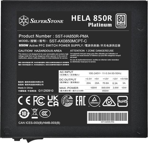 Actual product image Silverstone SST-HA850R-PMA - Cybenetics Platinum 850W ATX 3.0 + PCIe 5.0 fully modular ATX PSU (850 W)