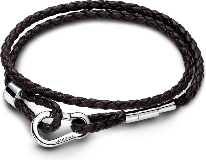 Pandora Moments Braunes Geflochtenes Doppeltes Lederarmband (38 cm, Sterling-Silber, Leder)