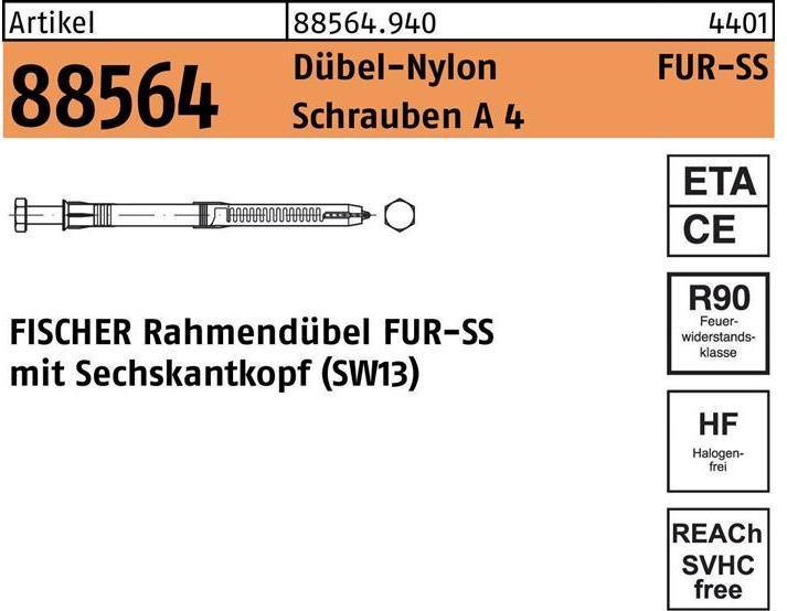 Image du produit Fischer Chevilles pour cadres R 88564 avec vis à 6 pans FUR 10 x 80 SS Vis A 4/cheville en nylon (50 pcs)