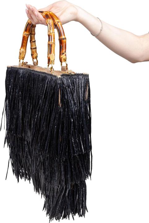 Actual product image La Milanesa medium black tan raffia shopping bag with fringes