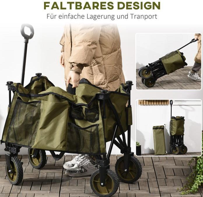 Produktbild Swisshandel24 Bollerwagen Faltbar, Handwagen mit Räder, Bremsen, Tragetasche, 125L Grün