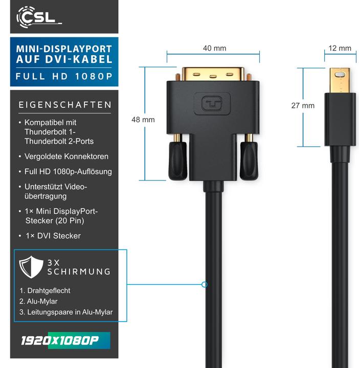 Produktbild CSL Mini DisplayPort zu DVI Video-Kabel, miniDP Monitor Adapter Kabel, für Apple, PC's & Notebooks (1 m, DisplayPort, DVI)