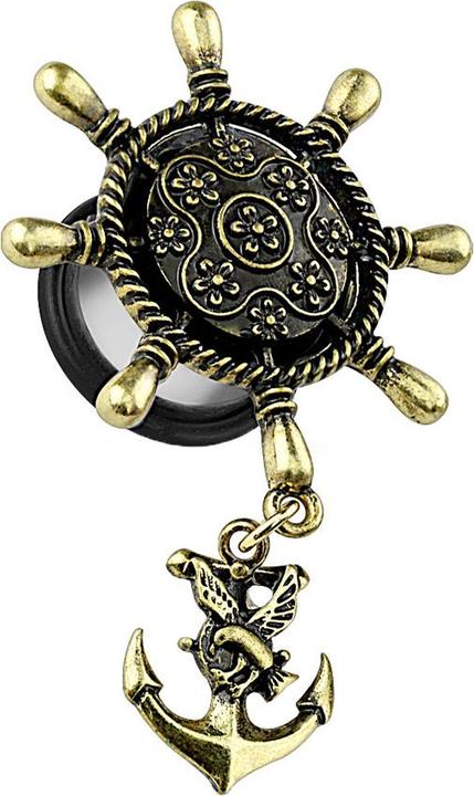 Produktbild Star Piercing Flared Plug Schiffsrad mit Anker (Chirurgenstahl 316L, Messing)