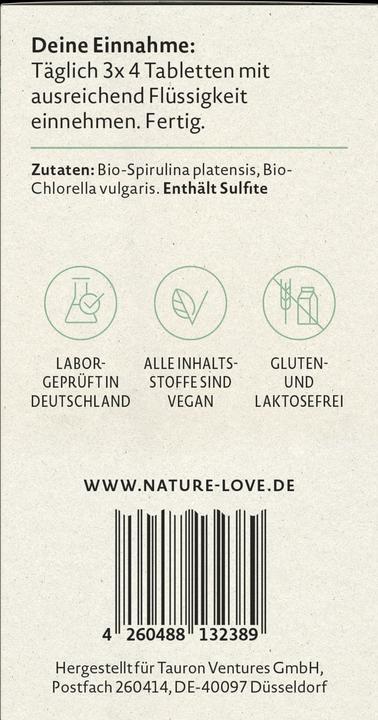 Nutritional values and ingredients Nature Love Organic Spirulina & Chlorella (180 g)