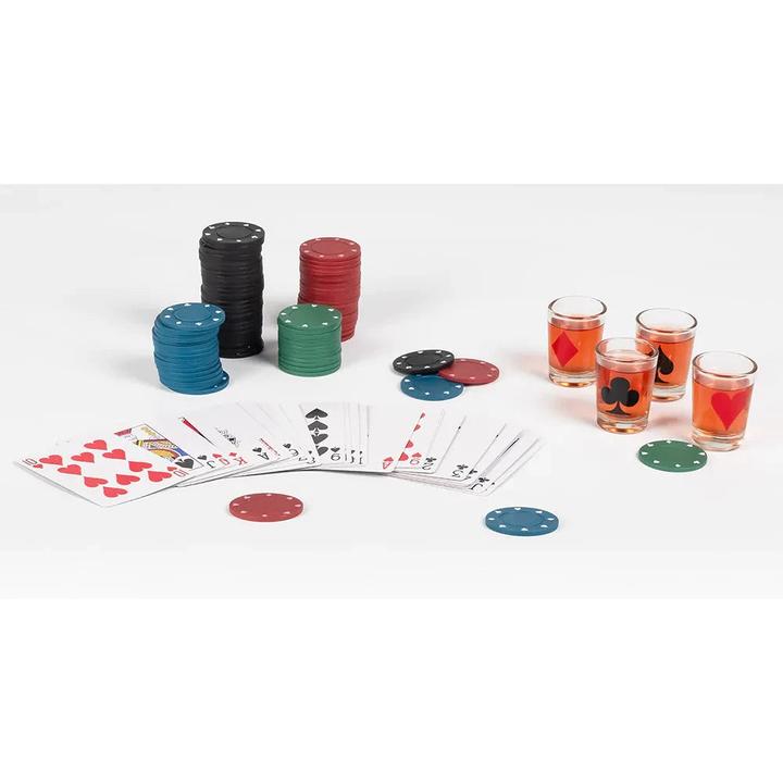 Actual product image Boland Trinkspiel Drinking Poker 120 Pokerchips, 1 Satz Spielkarten, 4 Glas-Schnapsgläser