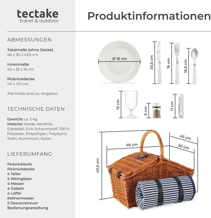 Immagine prodotto tectake Cestino da picnic Usedom per 4 persone, con scomparto termico & accessori