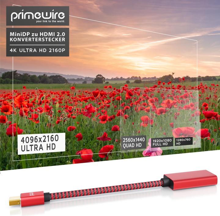 Immagine prodotto Primewire Adattatore da Mini Displayport a Hdmi 2.0 4K, cavo Mini DP, adattatore mDP, 4K@60Hz, Thunderbolt (0.15 m, HDMI)