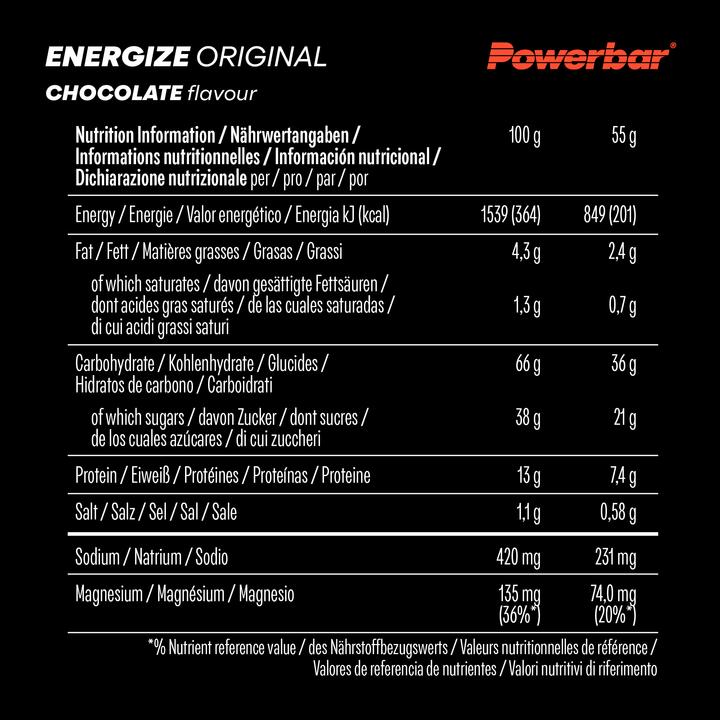 Valeurs nutritives et ingrédients Powerbar Energize Original (Chocolat, 15 pcs, 900 g)