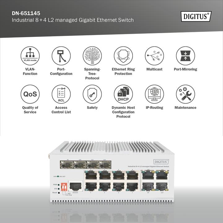 Produktbild Digitus Industrieller 8+4 L2 managed Gigabit Ethernet Switch (12 Ports)
