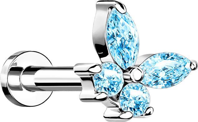 Produktbild Star Piercing Micro Labret Innengewinde silber Schmetterling mit Kristallen auqa (Chirurgenstahl 316L, Messing)