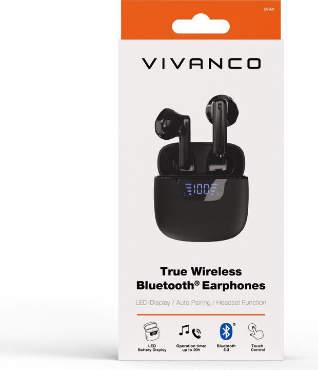 Actual product image Vivanco TWS Bluetooth headphones with LED display case, black (20 h, Cable)