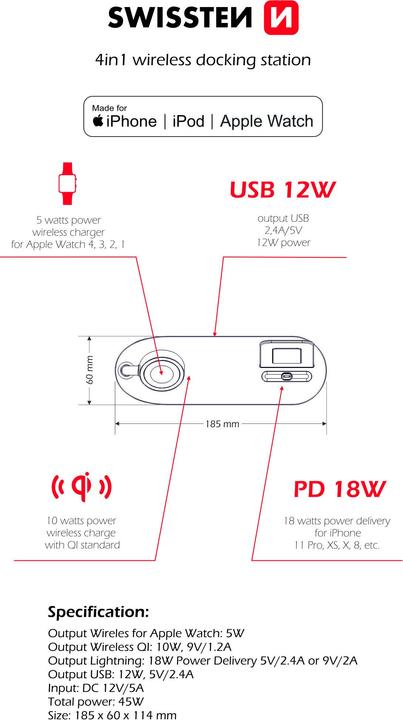 Immagine prodotto Swissten STAZIONE DOCCE 4in1 MFI senza fili 45 WATTS (45 W)