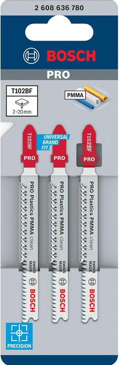 Produktbild Bosch Professional Zubehör PRO Plastics PMMA clean T102BF Stichsägeblatt, 92 mm, 3-tlg.