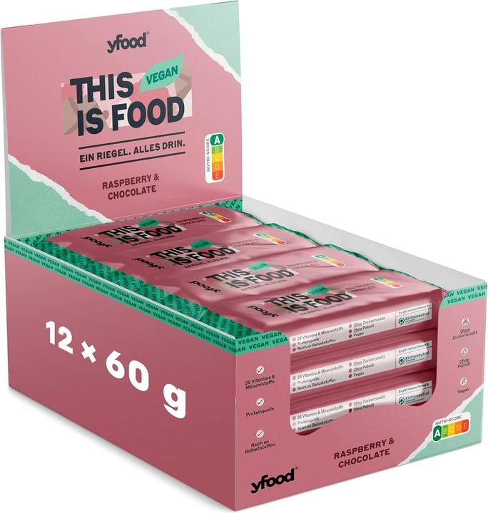Produktbild YFood Veganer Protein Riegel Raspberry & Chocolate (Himbeere, Schokolade, 12 Stk., 720 g)