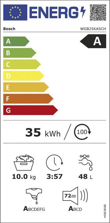 Etichetta energetica Bosch Hausgeräte WQB246D0CH e WGB256A5CH Lavatrice a torre (9 kg, A destra)
