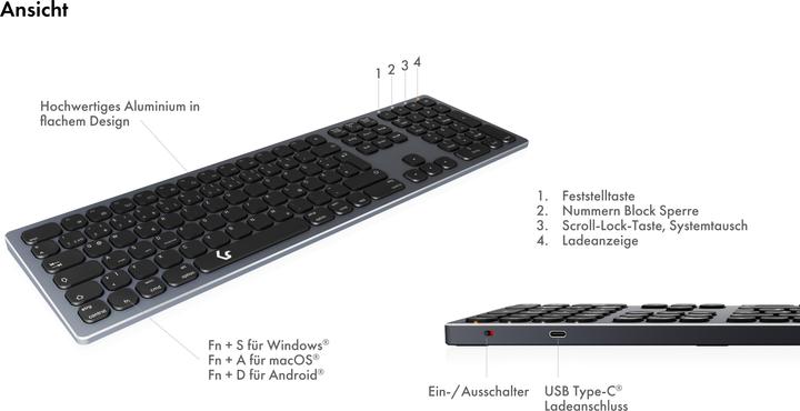 Produktbild KeySonic Full-Size Aluminium Tastatur, Bluetooth® & RF, für Win & macOS (DE, Kabellos)