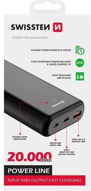 Image du produit Swissten POWER LINE POWER BANK 20000 mAh 20W Power Delivery Noir (20000 mAh, 20 W, 74 Wh)