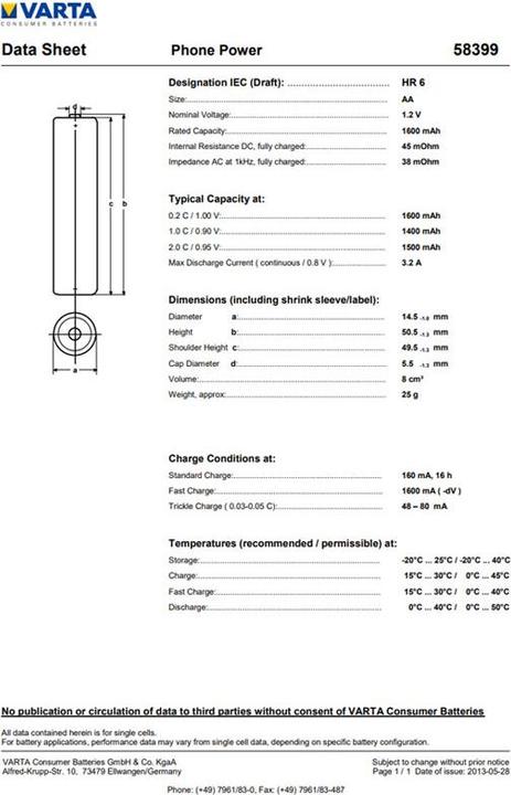 Actual product image Varta Battery suitable for Siemens Gigaset 3015 Comfort, AA NiMH battery 1600mAh