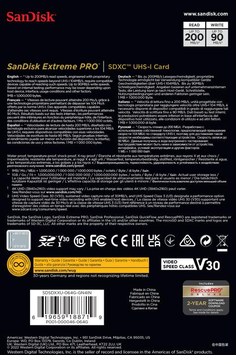 Produktbild SanDisk Extreme PRO UHS-I V30 (64 GB, SDXC, U3, UHS-I)