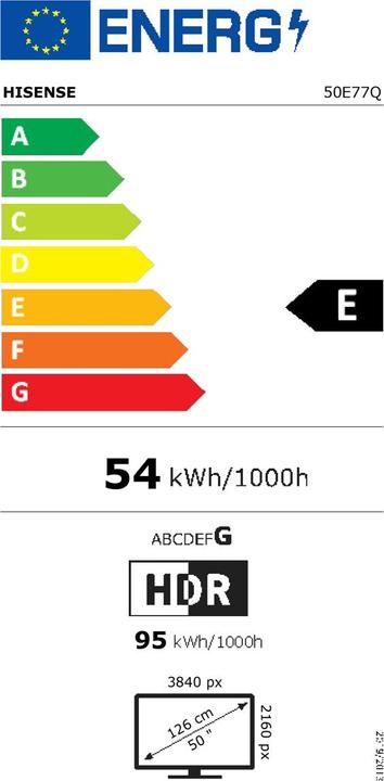 Label énergétique Hisense TV 50E77Q (50", QLED, DHU, 2025)