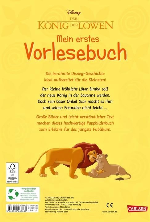 Produktbild Disney Pappenbuch: Der König der Löwen – Mein erstes Vorlesebuch (Deutsch, Walt Disney, 2022)