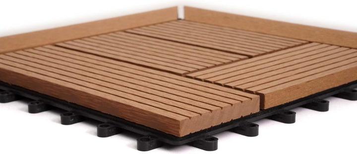 Produktbild Swisshandel24 WPC Eck-Bodenfliese Rhone + Abschluss, Holzoptik Terrasse, 30x30cm Premium Ecke, teak versetzt (1 x, 30 x 30 cm)
