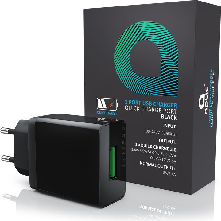 Produktbild Aplic USB Ladegerät 3000 mA, Quick Charge 3.0 USB-Ladegerät 1x USB A QC 3.0 Port, max. 3A über QC, schwarz