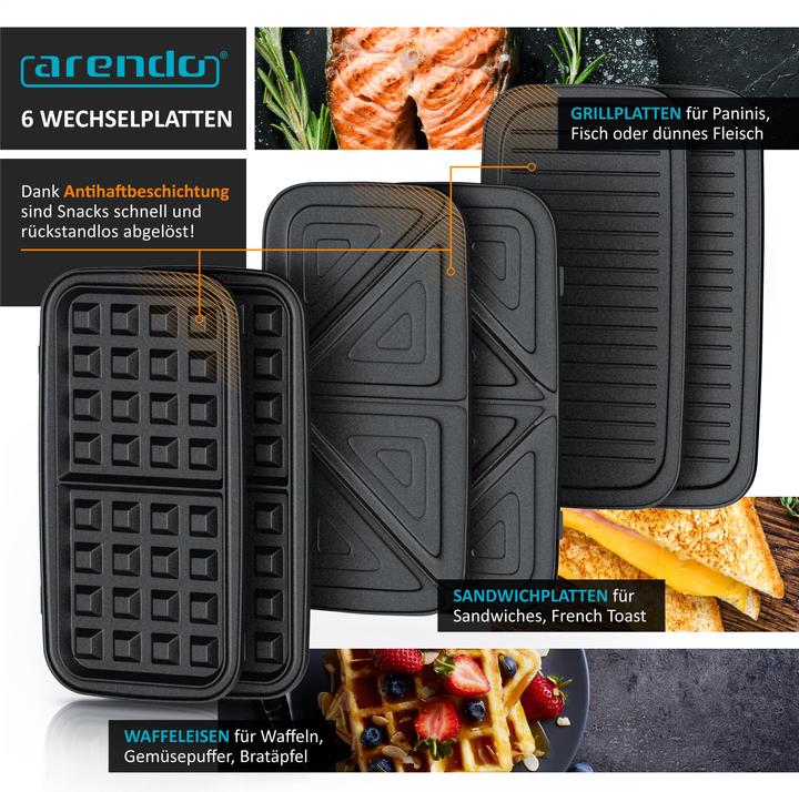 Image du produit Arendo Appareil à sandwichs Gaufrier Gril de contact avec plaques amovibles - avec revêtement antiadhésif