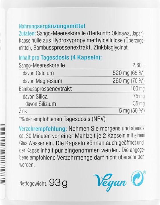 Nährwerte und Zutaten Effective Nature Sango Koralle mit Zink und Silizium (120 Stück, Kapseln, 120 g)