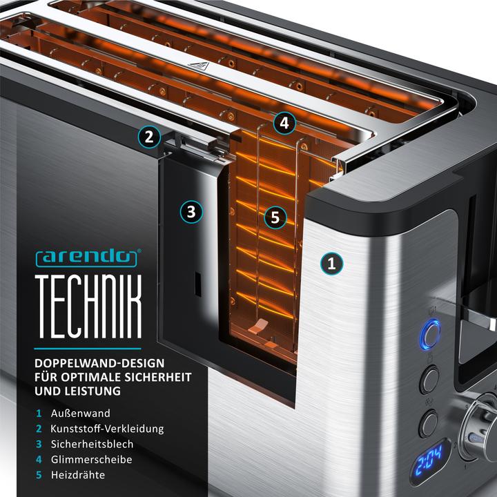 Produktbild Arendo Toaster Langschlitz, Edelstahl, Display mit Restzeitanzeige