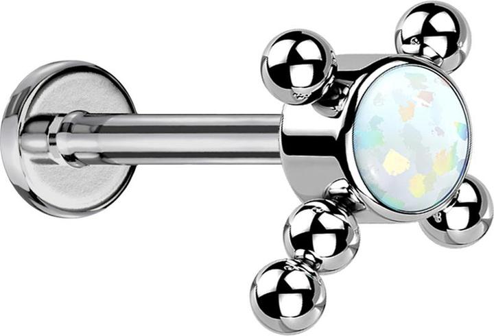 Star Piercing Micro Threadless Labret silber Kreuz Kugeln Opal weiss (Titan G23, ohne Messing)