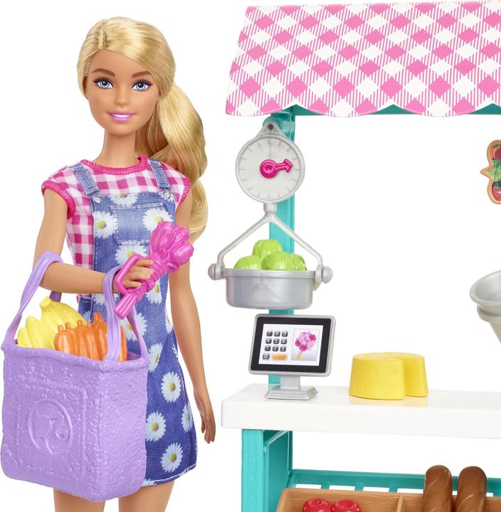 Immagine prodotto Barbie "Divertimento in fattoria", bambola (bionda), bancarella del mercato, cassa, verdura, pane