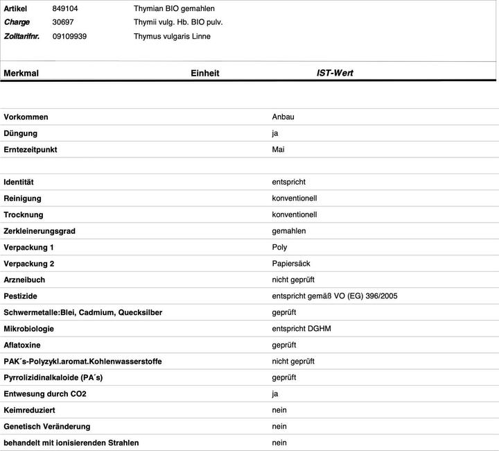 Nährwerte und Zutaten Zimmerli Adaptogene Thymian Kapseln (BIO) 50 Kapseln (1 Stück, Kapseln, 25 g)