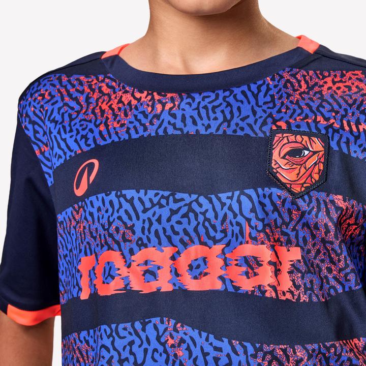Kipsta Kinder Fussball Trikot kurzarm - VIRALTO Kids Roarrr Rhino Streifen blau/violett